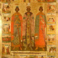 Псковская икона «Святые Благоверные князья Владимир, Борис и Глеб» с 21 клеймами жития