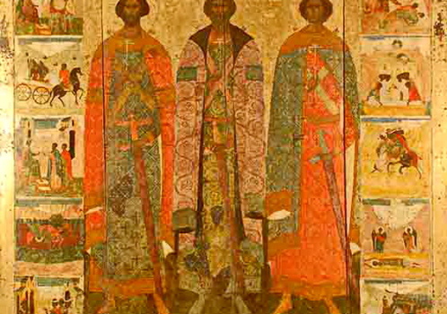 Псковская икона «Святые Благоверные князья Владимир, Борис и Глеб» с 21 клеймами жития